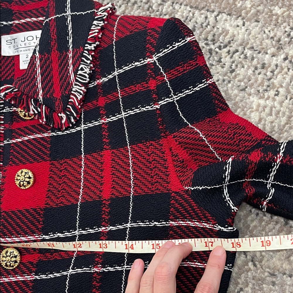 2 pc St. JOHN knit fringe jacket Plaid Red suit gold Black Women's Pants Set - Picture 16 of 17